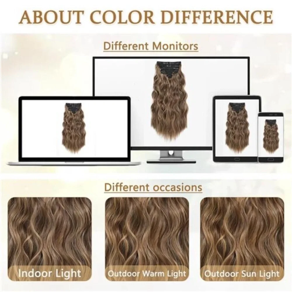 6PCS Long Wavy Curly Clip on Hair Extensions Medium Brown Mixed Ash Blonde